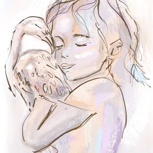 Een tekening van een meisje dat een flamingo knuffelt. ALs canvas schilderij dieren, erg geliefd bij kinderen en volwassenen. Het is in zachte pastelkleuren met paars en zalm tinten.